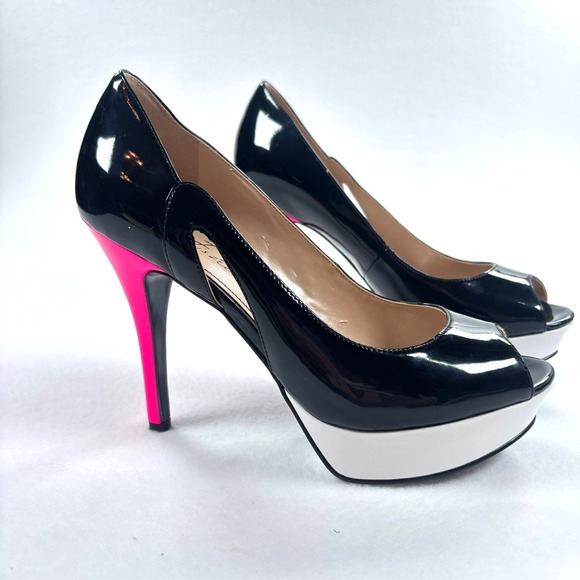 Marc Fisher Heels Peep Toe Pump‎ Black Pink White Platform Pinup 50s Era 7.5 - Picture 2 of 9